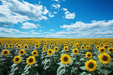 Obraz premium Vibrant sunflower field under a clear blue sky in summer
