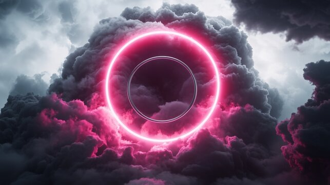 A stormy grey abstract cloud is illuminated by a bright neon pink light ring, casting surreal reflections onto the night sky. At the clouda??s core, a silver round frame rotates, glowing faintly.