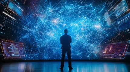 Fototapeta premium Professional looking man stands before a futuristic digital screen displaying a complex network of interconnected data points and glowing particles, symbolizing advanced technology.