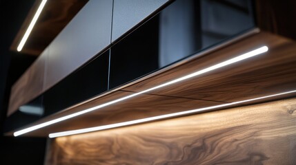 Obraz premium Modern kitchen cabinetry with sleek design and integrated lighting.