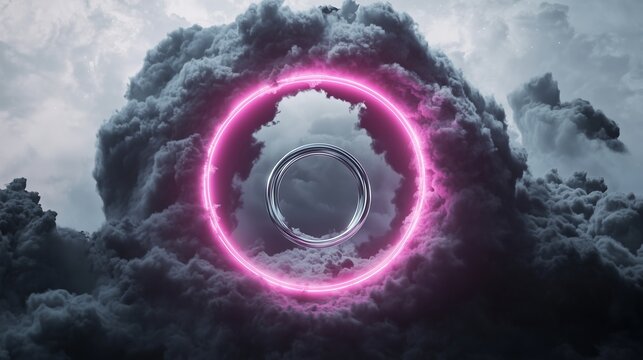 A stormy grey abstract cloud is illuminated by a bright neon pink light ring, casting surreal reflections onto the night sky. At the clouda??s core, a silver round frame rotates, glowing faintly.