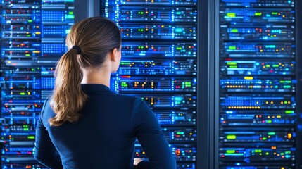 Woman Observing Server Rack, Brightly Lit Data Center with Blue Lights, Focus on Technology and Server Maintenance in Modern IT Environment