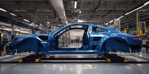Naklejka premium Modern Car Manufacturing Process with Blue Unfinished Vehicle Frame in High-Tech Automotive Assembly Line Setting