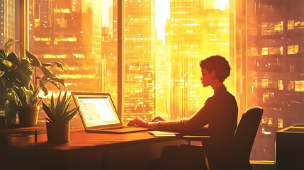 A woman works at her desk in a modern office with a cityscape view and a warm sunset glow.