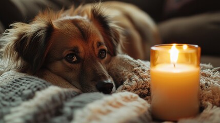 Fototapeta na wymiar A dog is laying on a blanket next to a candle