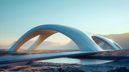 A bridge spans a river in a desert landscape
