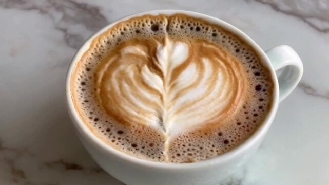 Close-up of oat milk and espresso blend, with velvety microfoam elevating texture, set against an elegant marble surface.