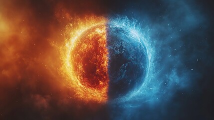 Obraz premium A dramatic image shows the earth caught between fire and ice, symbolizing the extreme effects of climate change