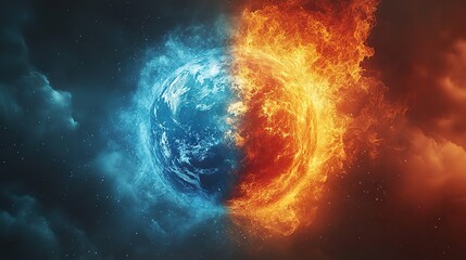 Obraz premium A dramatic image shows the earth caught between fire and ice, symbolizing the extreme effects of climate change