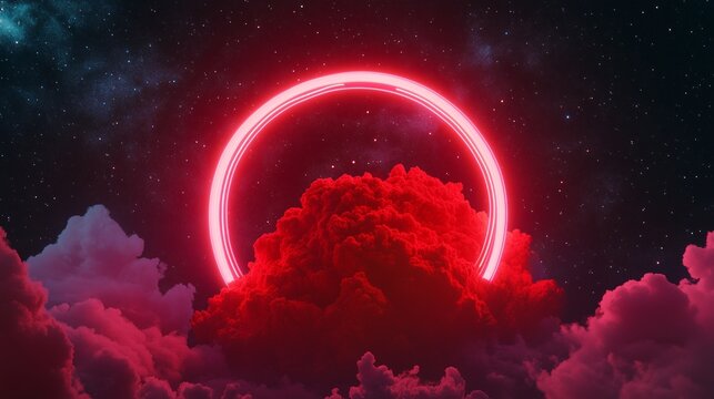 A vivid red cloud hovers against the starry sky, encircled by a neon pink light ring. The geometric round shape glows brightly, casting deep reflections on the clouda??s surface.