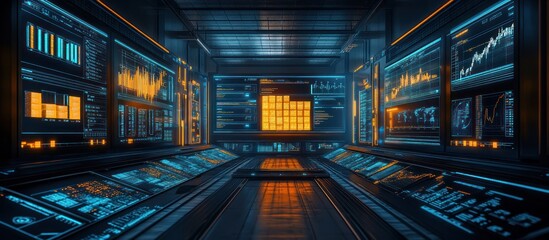 Obraz premium Futuristic control room with many screens displaying charts and graphs, glowing with warm orange and cool blue light.