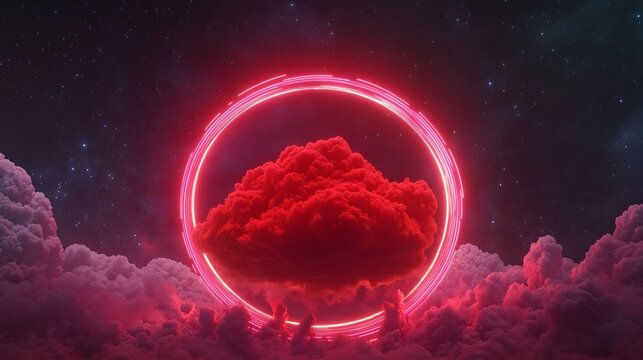 A vivid red cloud hovers against the starry sky, encircled by a neon pink light ring. The geometric round shape glows brightly, casting deep reflections on the clouda??s surface.