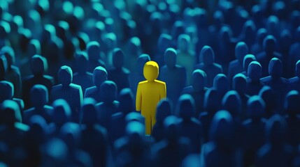 Obraz premium Unique Figure in a Sea of Blue: A Striking Visual Representation of Individuality and Standing Out Amidst a Crowd, Symbolizing Uniqueness and Identity in Society