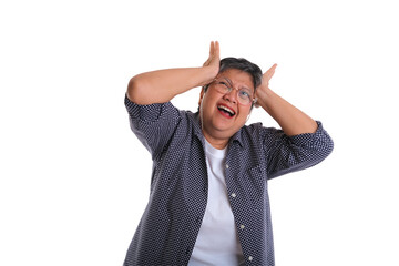 Cheerful woman expressing joy with hands on head, isolated on white background.