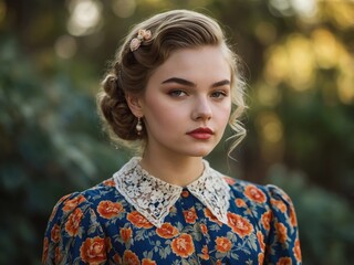 A woman in vintage attire with an elegant hairstyle, exuding timeless charm and grace, stands in a softly lit setting, evoking a classic era