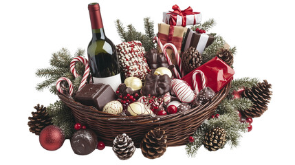 Christmas Gift Basket with Wine, Treats, and Festive Accents on Transparent Background

