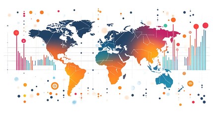Obraz premium A world map with bar graphs and data points, Earth map with business graph bar