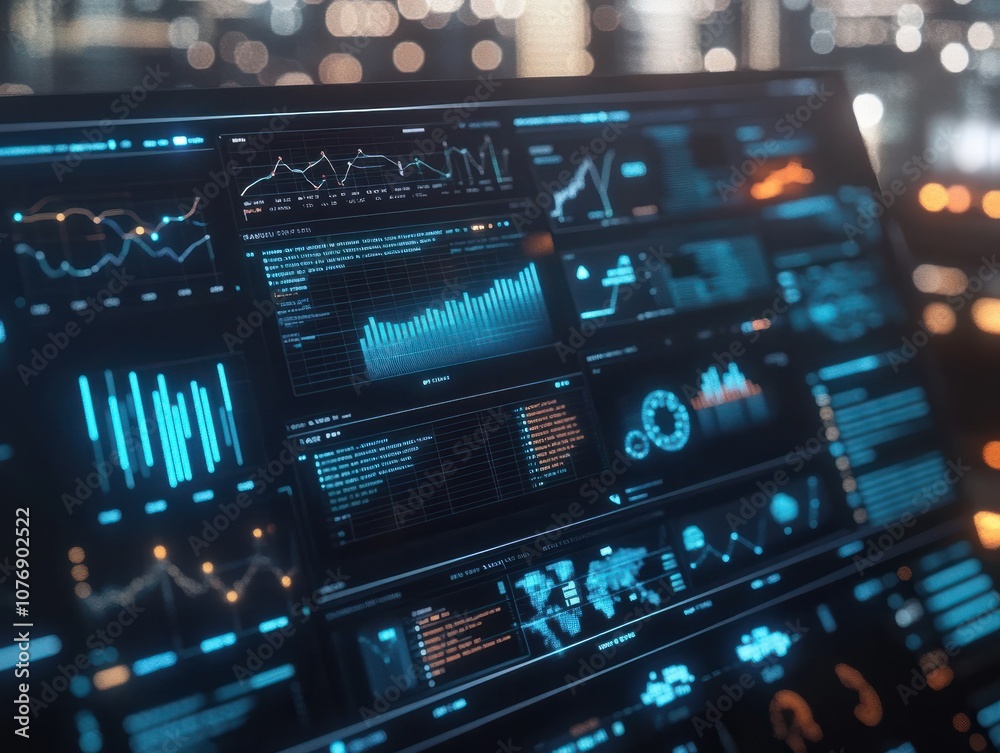 Poster digital dashboard displaying financial data and analytics with various graphs and charts.