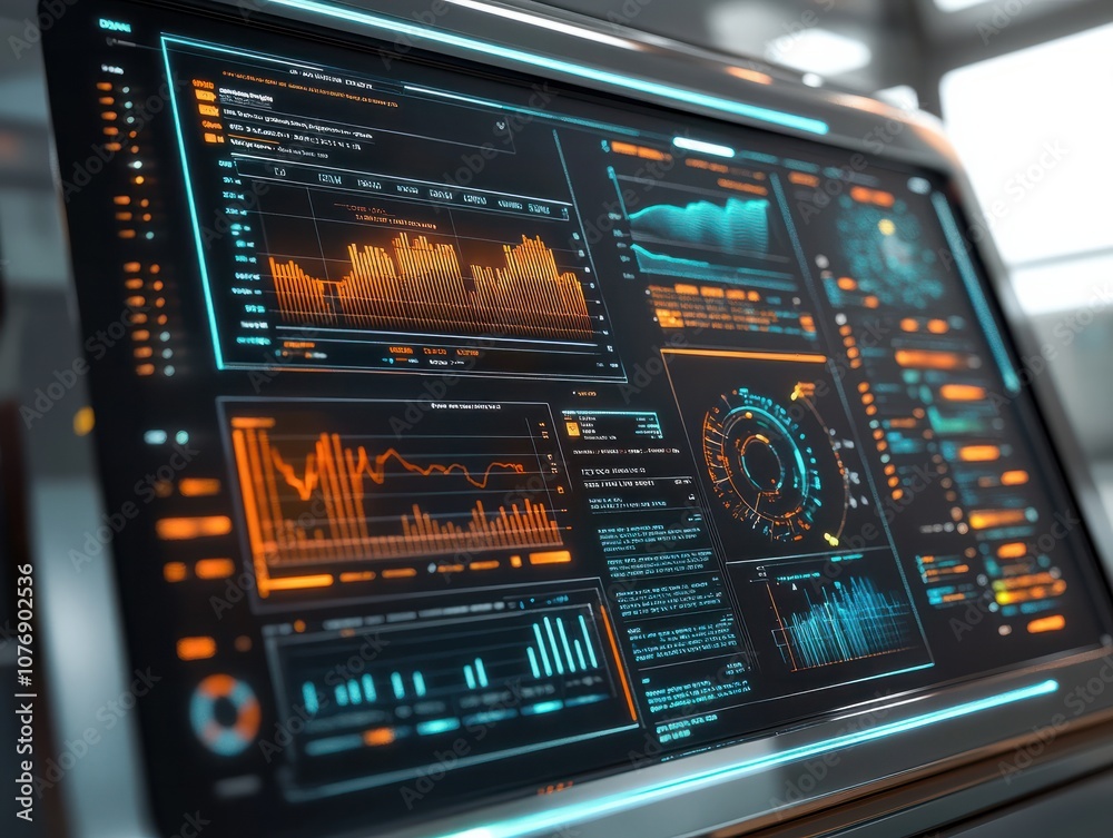 Poster digital dashboard displaying financial data and analytics with various graphs and charts.