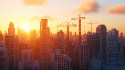 Fototapeta premium Builders construct modern skyline at sunset showcasing urban development and architecture