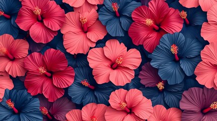 Vibrant Exotic Hibiscus Flowers in 3D Seamless Pattern