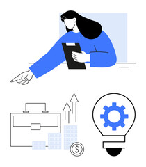 Businesswoman holding clipboard and pointing, briefcase, stacks of coins, rising graph arrows, gear inside lightbulb. Ideal for business planning, strategy, financial growth, ideas productivity