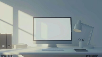 Fototapeta premium Minimalist Desk Setup with Computer Monitor and Lamp