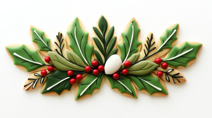 Fototapeta premium Christmas ornaments and decorations, Delicious Christmas cookie decorated with green leaves, red berries, and egg, perfect for festive celebrations and holiday gatherings