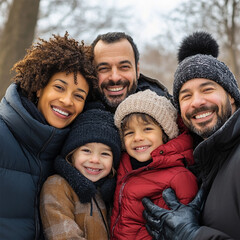 Portrait of a multi-racial family in winter. Wearing winter attire at a park.