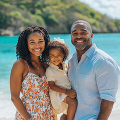 Multi-racial family portrait at a Caribbean beach with out-of-focus lush mountains.