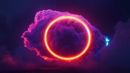 Fototapeta premium An abstract violet cloud illuminated by a fiery neon red light ring hovers in a tranquil night sky. At its core, a glowing round frame flickers with hints of blue and yellow light.
