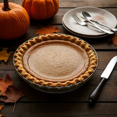 A whole pumpkin pie sits on a wooden table, surrounded by fall leaves, pumpkins, and silverware.