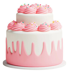 A delightful cake decorated with pink frosting and colorful sprinkles for a festive celebration isolated on transparent background.