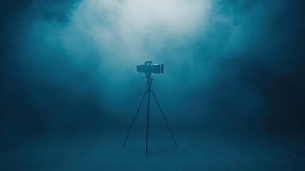 A solitary camera on a tripod surrounded by ethereal mist, capturing the essence of creativity in a moody atmosphere