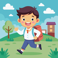Fototapeta premium School Kid Happily Going School Vector