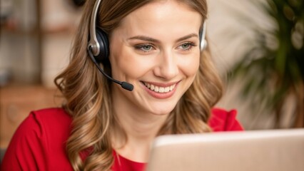 Close-up of a young tutor in headphones with microphone conducting a webinar, online education