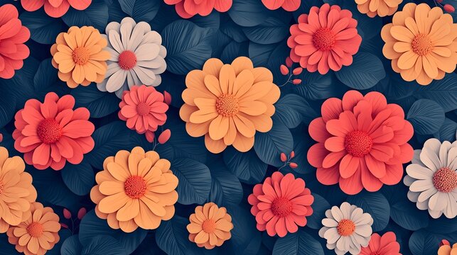 Vibrant and Bold 3D Zinnia Flower Seamless Pattern