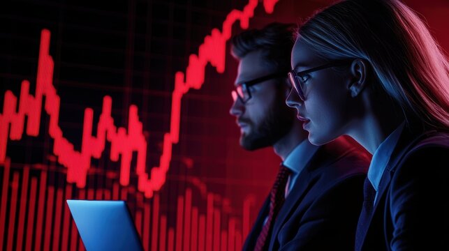 A focused duo analyzes data on a laptop, highlighted by a backdrop of rising and falling financial graphs in vivid red and blue tones.