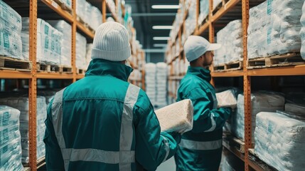 Fototapeta premium Warehouse staff efficiently manage inventory in a modern storage facility