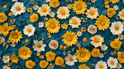 Vibrant Sunflower and Bee Floral Pattern in 3D