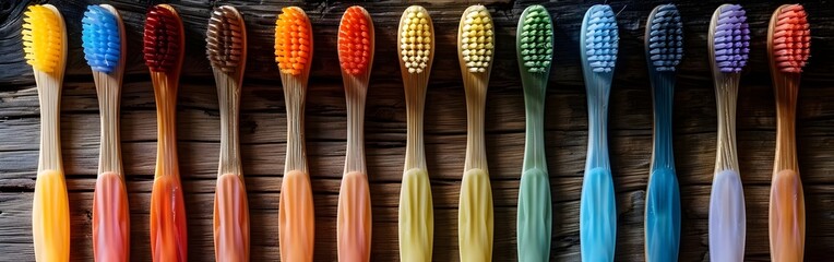 A row of colorful toothbrushes are lined up on a wooden surface