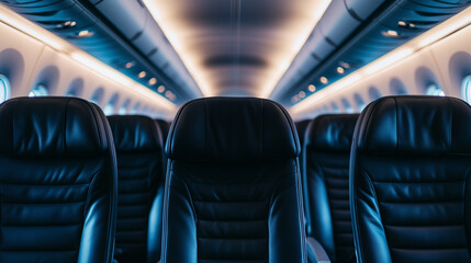 Fototapeta premium Empty rows of black leather seats in an airplane cabin, giving a view of the aisle and a clean, modern interior.