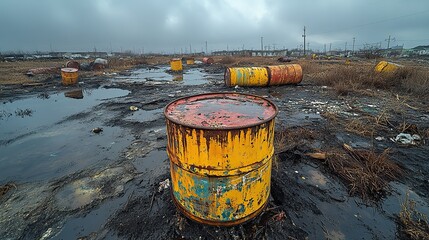 A dump site filled with decaying oil drums symbolizes the environmental toll of fossil fuel dependence and the need for cleaner energy sources