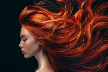 Naklejka premium Woman with bright red hair poses against a dark background, showing off her beautiful and healthy hair in a dramatic light