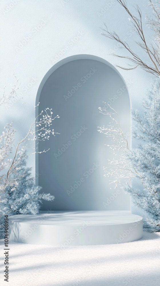 Poster empty podium displaying winter wonderland scene with snowy plants and arch