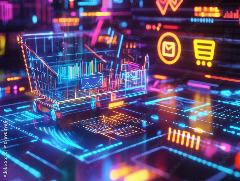 Poster e-commerce metrics futuristic background for online retail analytics. dynamic data visualization, ch