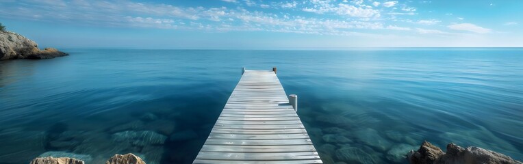 Obraz premium A dock is on the water with a beautiful blue sky in the background