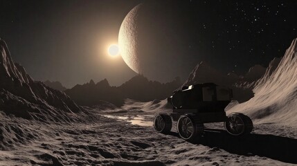 Robotic explorers on distant worlds, an advanced rover analyzing the surface of a rocky exoplanet, with visible craters and mountains