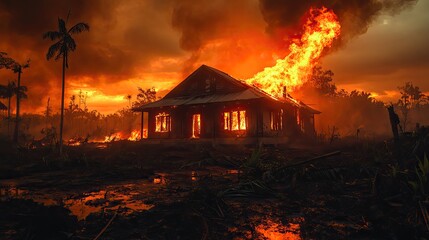 A dwelling house is consumed by fire, representing the increasing risks of climate change