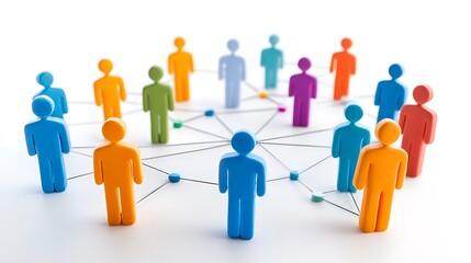 A group of colorful human figurines arranged in a network representing diversity community and social connections